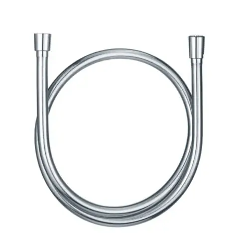 Brauseschlauch in Chrom-Optik mit zwei konischen Muttern, hergestellt von Kludi. Der Schlauch ist in einer Doppelbiegung angeordnet.